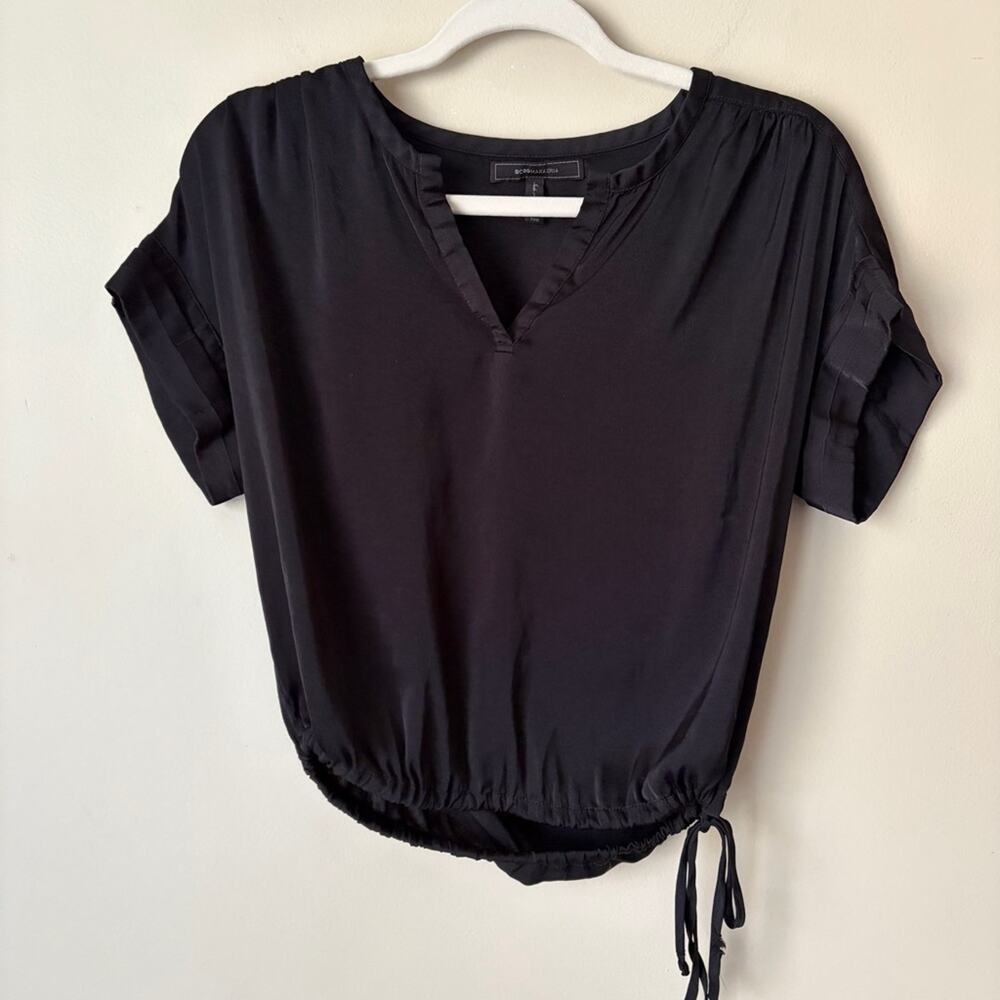 BCBGMaxAzria | Split V-Neck Short Sleeve Blouse Top Side Tie Black XXS
